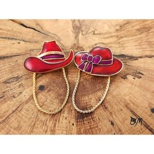 Vintage Red Hattitude Hat Society Eyeglass Holder Brooches - Set of 2